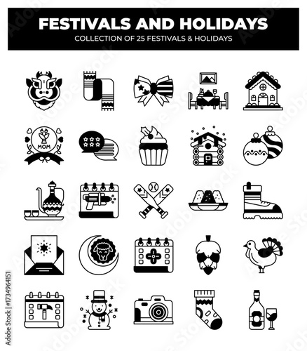 Collection of 25 Festive and Holiday Icons. Perfect for Celebrations and Events