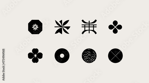Minimalist abstract black symbols set on light background. Modern geometric graphic design elements, various shapes, simple icons collection.