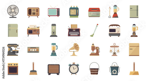 A diverse collection of flat design icons featuring retro and vintage household appliances and domestic objects.