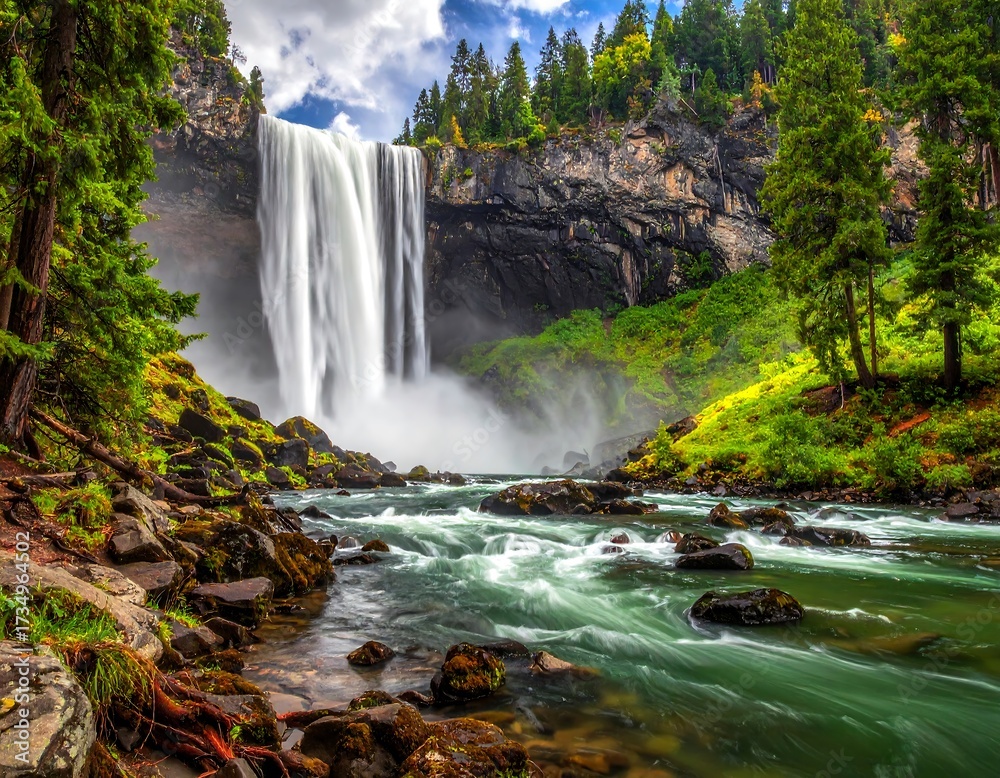 Fototapeta premium Majestic waterfall cascading into a pristine river within a vibrant forested landscape