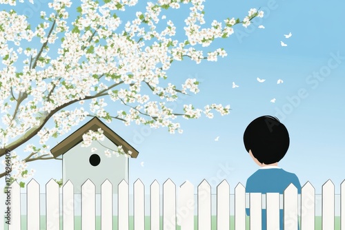 Boy Watching Blossoming Tree and Birdhouse in Spring