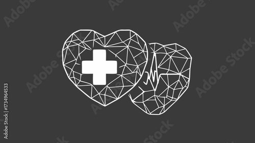 Digital low poly hearts with medical cross and cardiogram heartbeat line. Health care and wellness concept on dark background.