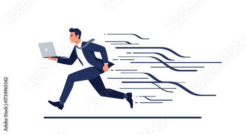 Businessman running with laptop representing speed and technology and startup idea