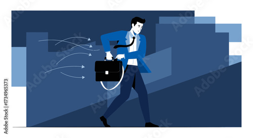 Businessman rushing to work with a briefcase expressing urgency and pressure in the city scene
