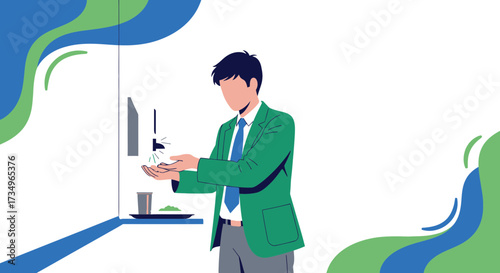 Businessman Sanitizing Hands Using Disinfectant With Artistic Abstract Background.