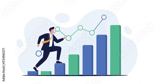Businessman Scaling Upward Through Growth, Progress, And Financial Strategy