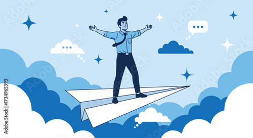 Businessman Soaring Above The Clouds On Paper Plane Achieving New Heights And Success