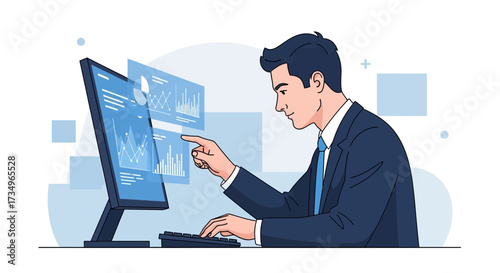 Businessman analyzing data charts and graphs on a computer monitor in a modern office business enviroment