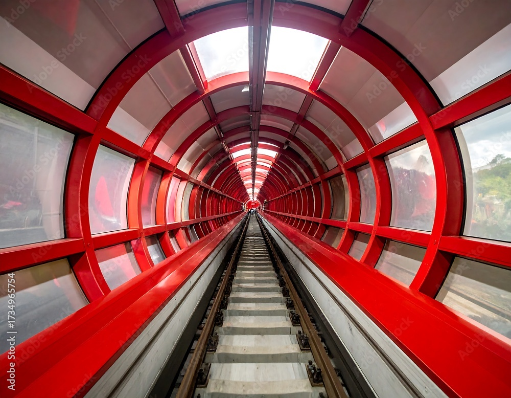 Fototapeta premium Red tunnel walkway, perspective view