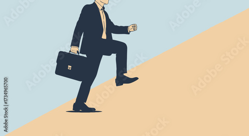 Businessman Ascending a Slope, Pursuing Ambition and Success, Walking Uphill Challenge