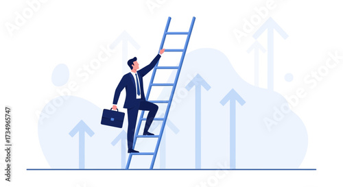 Businessman Ascending Ladder Towards Success Achieving Business Goals Through Hard Work
