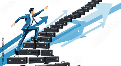 Businessman Ascending Staircase Formed By Briefcases Towards Success Illustration
