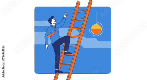 Businessman Ascending Orange Ladder To Success Concept With Blue Background