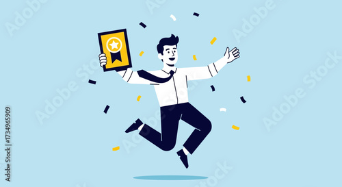 Businessman Celebrates Achievement After Winning Award, Jumping with Excitement and Joy