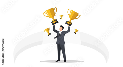 Businessman Celebrates Achievements by Holding Up Trophies to Showcase Victory