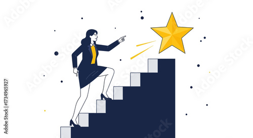 Businesswoman achieving success, climbing steps, reaching for the golden star illustration