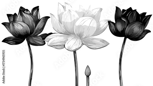 Vector illustration of elegant black and white lotus flowers with a bud, delicate botanical line art drawing, contrast concept.
