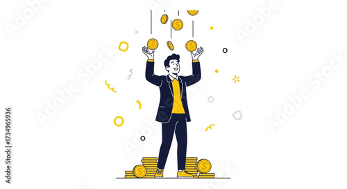 Businessman Celebrates Financial Success While Surrounded By Falling Coins and Monetary Gains