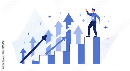 Businessman Celebrates Success on Top of Rising Stairs with Uplifting Arrows and Stars