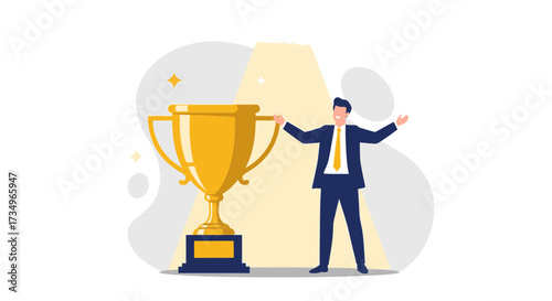 Businessman Celebrates Success Beside Huge Trophy With Positive Attitude and Optimism