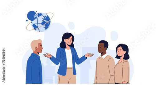 Businesswoman Addressing a Diverse Team with a Globe Icon In Background