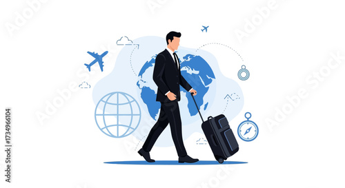 Businessman traveling with luggage and globe, concept for global business or travel around the world