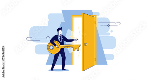 Businessman Uses Giant Key To Open The Door, Symbolizing Opportunity and Successful Access