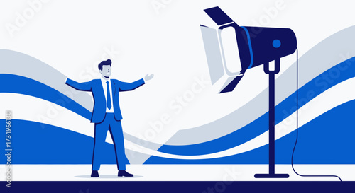 Businessman Under Spotlight with Dramatic Lighting and Energetic Display, Vector Illustration
