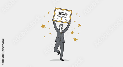 Businessman Celebration Excellence Achievement With Stars and Certificate of Recognition