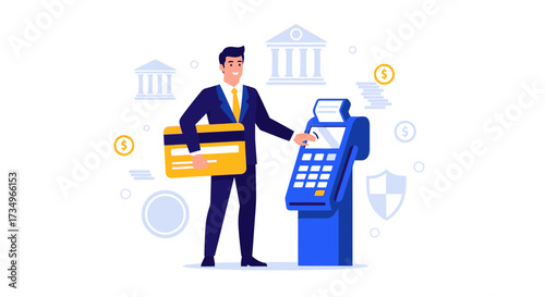 Businessman using a credit card for payment at an atm machine for financial transactions