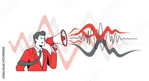 Businessman using a megaphone to amplify sound waves indicating communication