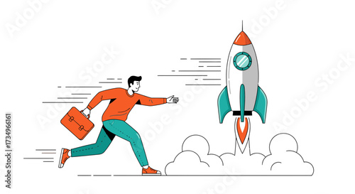 Businessman Chasing a Rocket Illustrating Rapid Growth and Pursuit of Success with Innovation