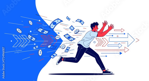 Businessman Chasing Money in a Dynamic Illustration of Prosperity and Financial Growth