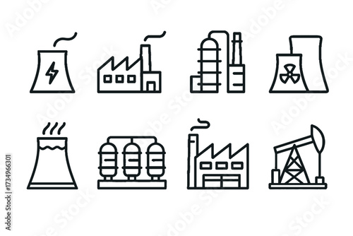 Outline vector icons of industrial buildings: factory, power plant, oil rig, nuclear, industrial complex — set of modern line style icons, transparent background.  