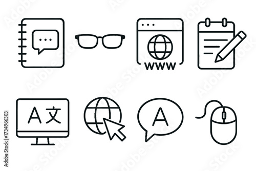 Outline vector icons of language learning: notebook, glasses, globe, computer   