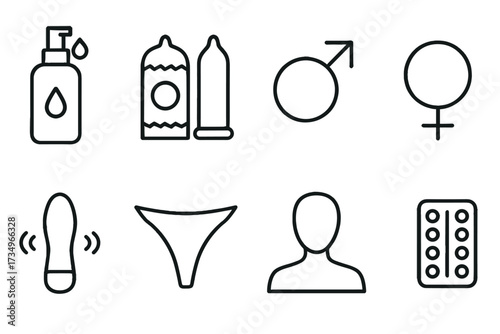 Outline vector icons of sexual health: lotion, condoms, symbols, person  
