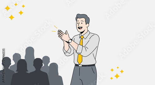 Businessman clapping hands with audience in vector illustration for success concept