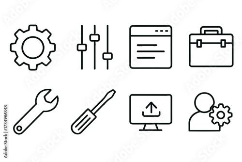Outline vector icons of general settings: tools, adjustments, interface, user  