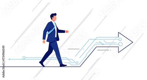Businessman walking on a circuit board arrow representing technology and business growth