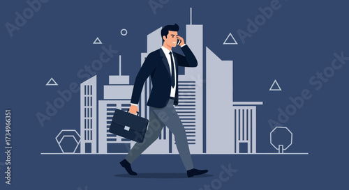 Businessman Walking in a City with Briefcase and Talking on the Phone
