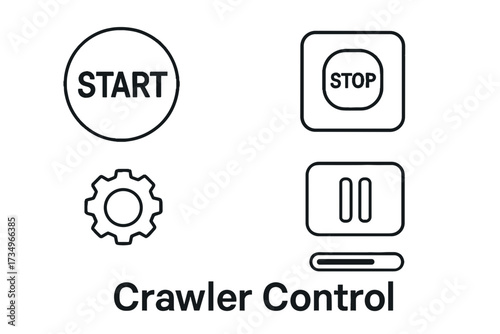 Outline vector icons of crawler control: start, stop, pause, settings  
