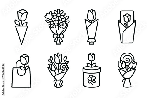 Outline vector icons of flower packaging: bouquet, vase, gift bag, jar  