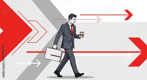 Businessman walking with a briefcase and a coffee cup representing go forward
