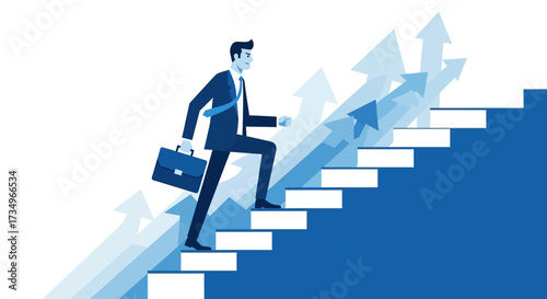 Businessman climbing stairs to success, growth and career achievement illustration