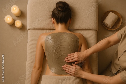 Spa therapy full body mineral mud wrap relaxing wellness treatment on soft linens serene ambiance