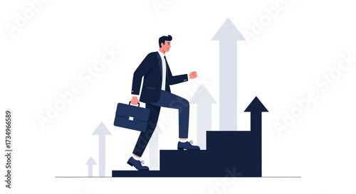 Businessman climbing stairs with up arrows, growth and career success concept illustration