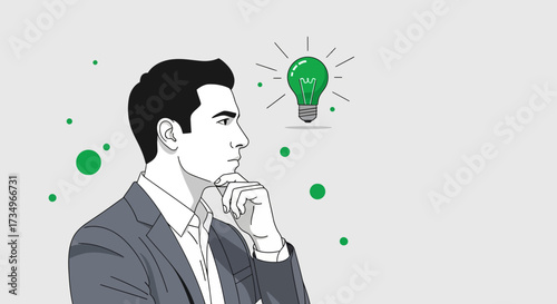 Businessman Contemplating New Ideas With Green Light Bulb Creative Solution