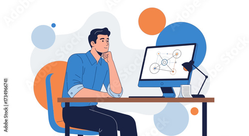 Businessman contemplating with computer and diagrams on the screen in illustration style