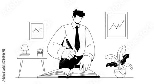 Businessman writing in journal and working in office, financial analysis concept