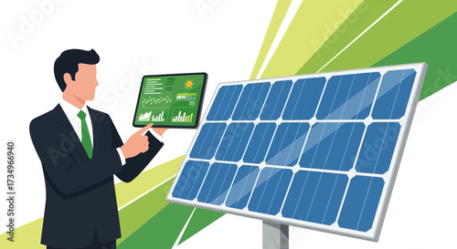 Businessman examining the data from solar panel using a tablet related to green energy